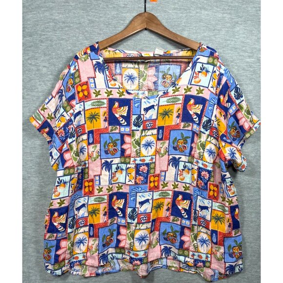 C&C California 100% Linen Womens Top 3X Multicolor Tropical Beachy Island - Picture 1 of 5